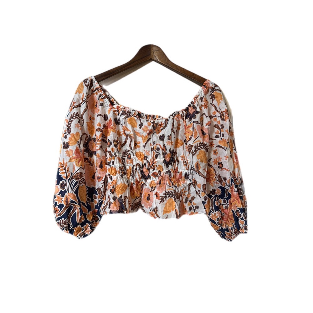 Chelsea & Violet Floral Smocked Top Womens Medium Orange Blue‎ Excellent Boho